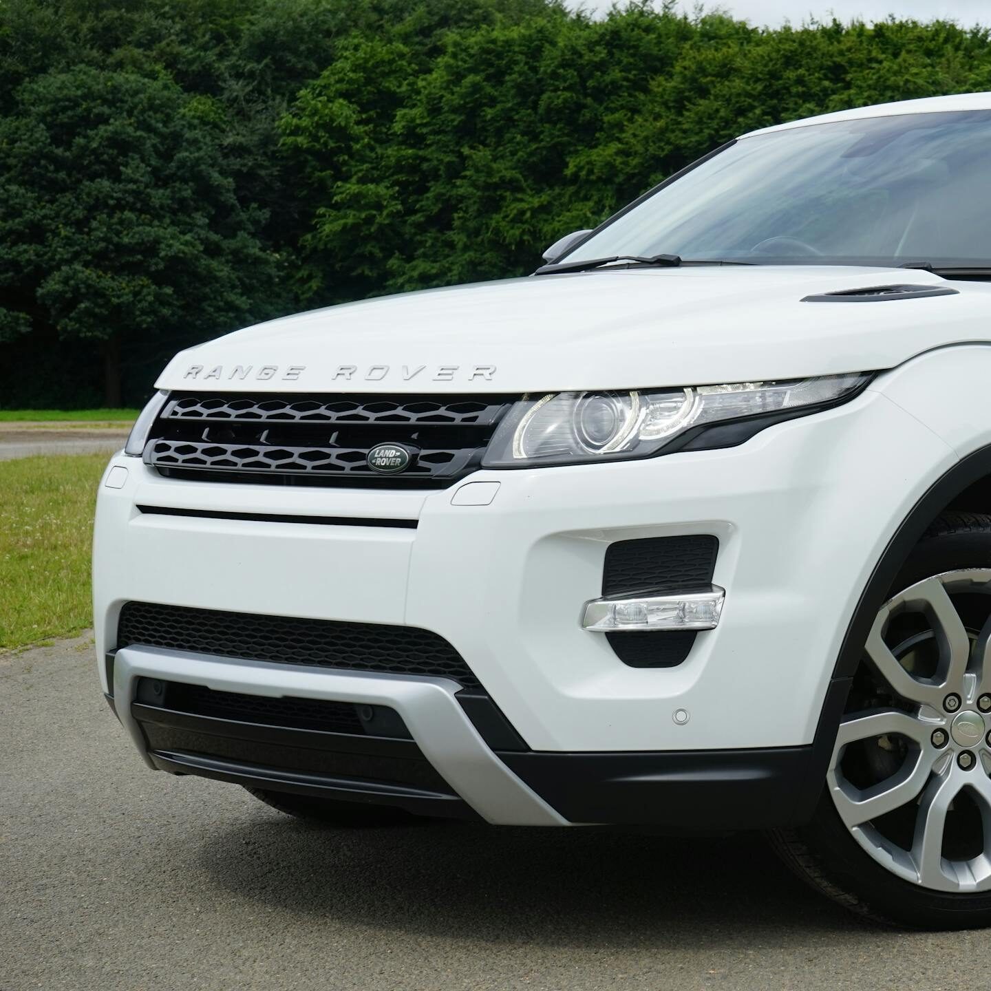 Stylish white Range Rover parked on a road in a green outdoor setting, showcasing its luxury design.